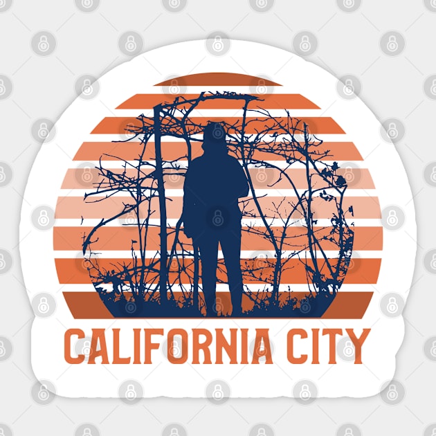 California City Sunset, Guy Standing in the Bushes with Trees, Gift for sunset lovers T-shirt, Camping, Camper Sticker by AbsurdStore